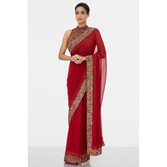 Georgette red saree with fancy embroidery and sequence lace work